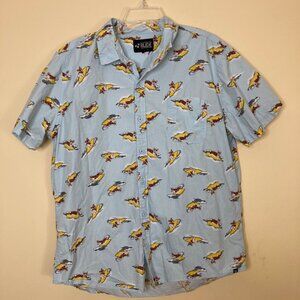 Rude Mens Light Blue Button-Up Shirt Medium Surfing Corgi Print Short Sleeve